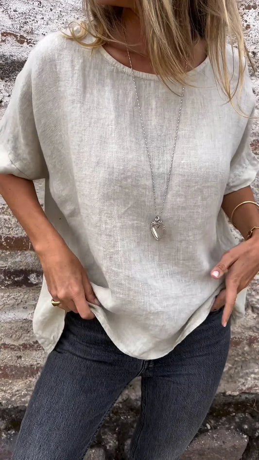 Ninthe - Katoenen Linnen Blouse Met Halve Mouwen En Ronde Hals In Effen Kleur