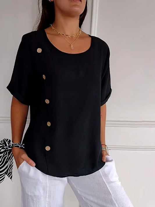 Bregje - Dames Shirt Met Casual Knoopsluiting In Katoen-en Linnen Print