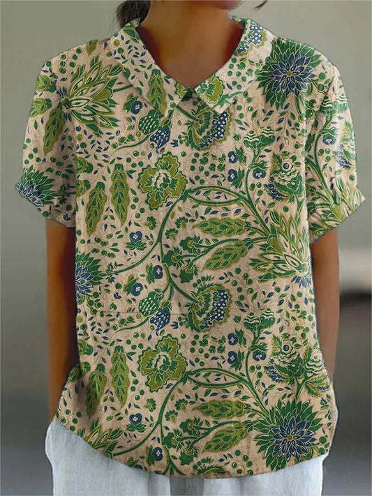 Marijke - Casual katoenen en linnen overhemd met artistieke bloemenprint voor dames