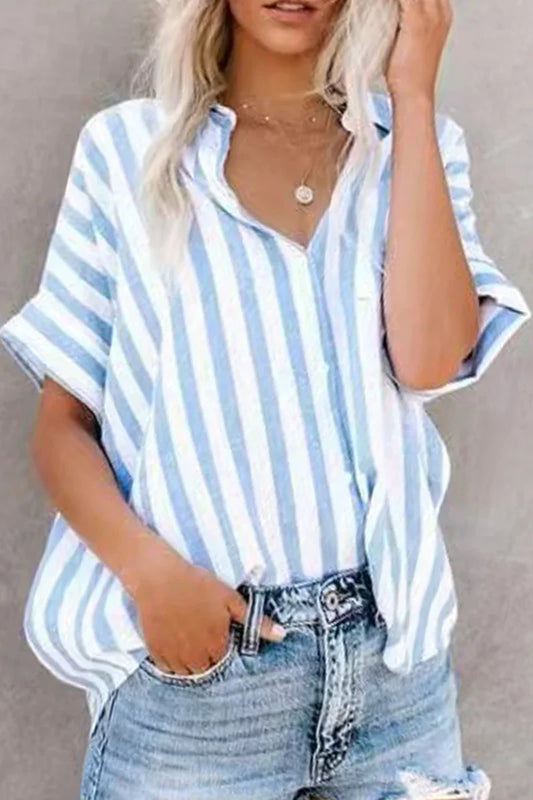 Pien - Casual gestreepte patchwork top met kraag