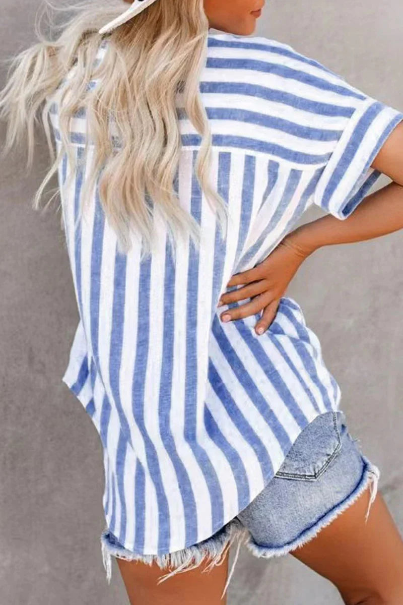 Pien - Casual gestreepte patchwork top met kraag