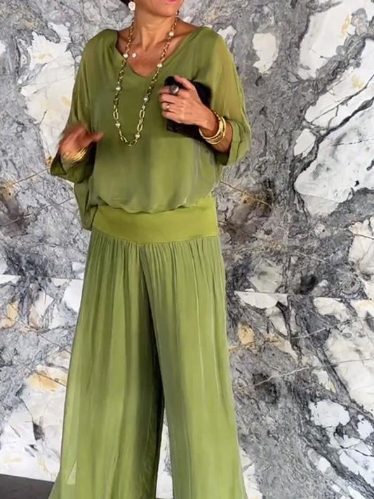 Elin - Elegante Tweedelige Wijde Chiffon Pantalonset
