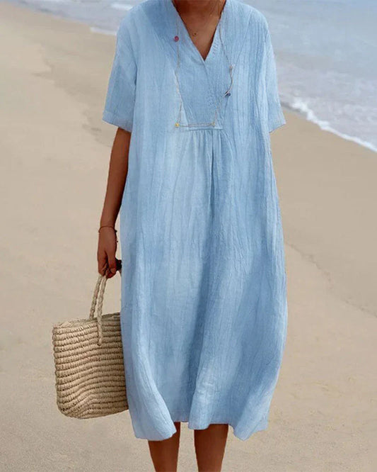 Delphine - V-hals jurk in effen kleur met halve mouw