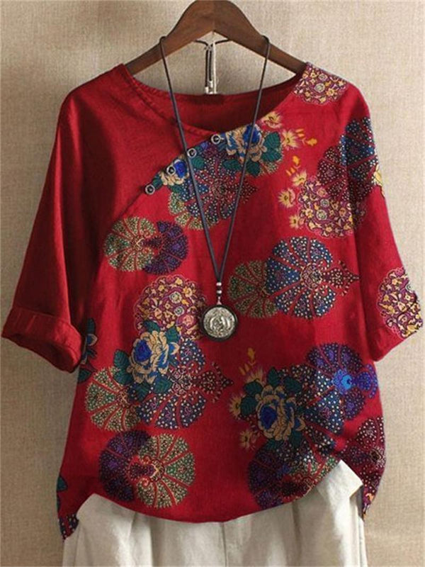 Mila - Dames T-Shirt Met Korte Mouwen, Button-Down En Bloemenprint