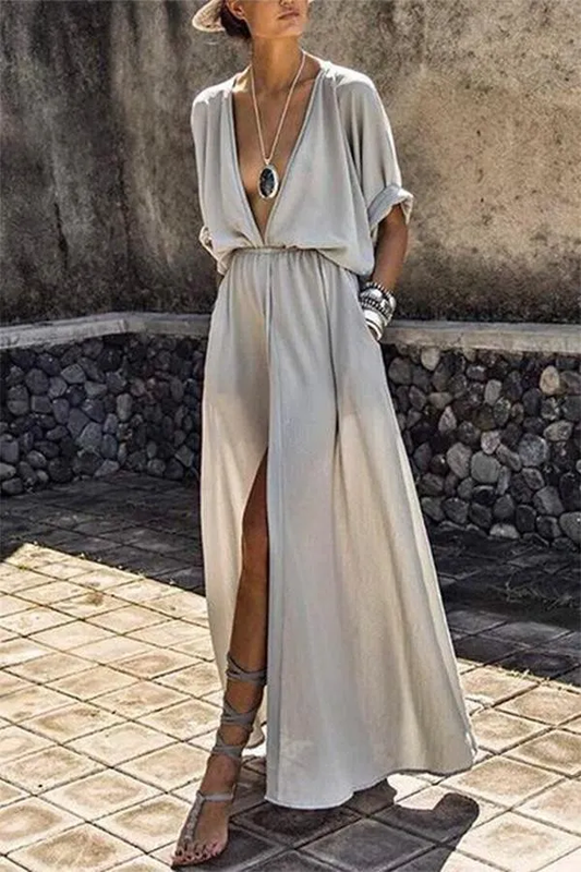 Tessa - Diepe V-Hals Effen Kleur Mid-Mouwen Grote Swing Split Lange Jurk