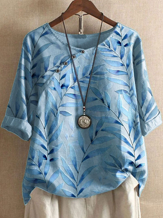 Floor - Casual, Losse T-shirts Van Katoen En Linnen Met Een Zomerse Bloemenprint En Knopen
