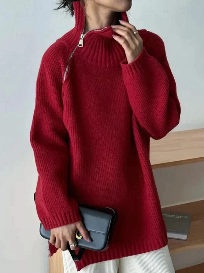 Yara - Rode Effen Sweater met Hoge Hals
