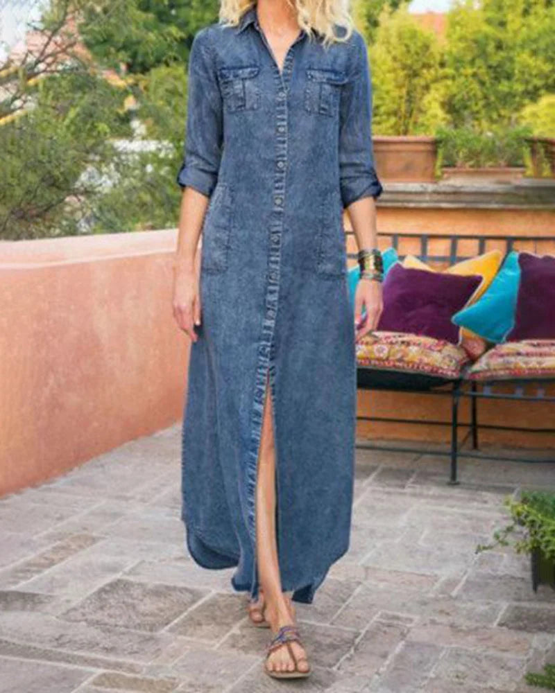 Diede - Loszittende Casual Denim Jurk Met Enkele Rij Knopen