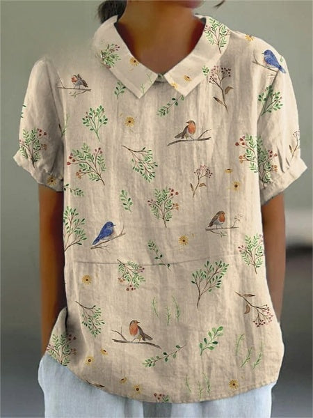 Lowa - Casual Dames Shirt Van Katoen En Linnen Met Print Van Vogels En Twijgen En Roodborstje