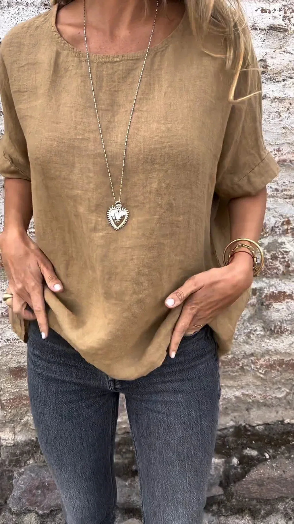 Ninthe - Katoenen Linnen Blouse Met Halve Mouwen En Ronde Hals In Effen Kleur