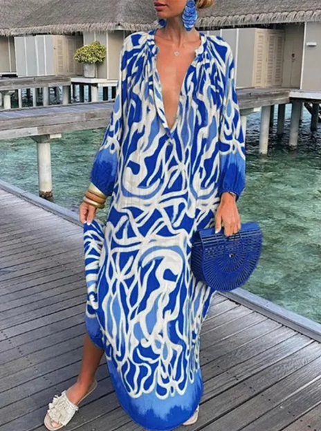 Evi - Losse Jurk Met Lange Mouw En V-Hals Temperament & Elegantie