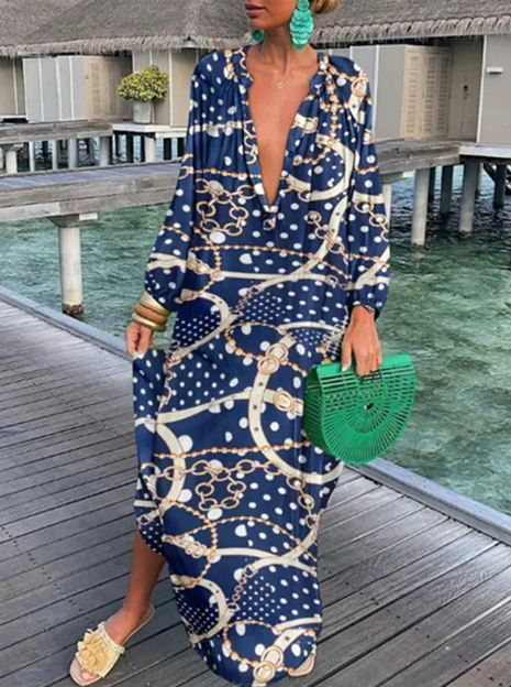 Evi - Losse Jurk Met Lange Mouw En V-Hals Temperament & Elegantie