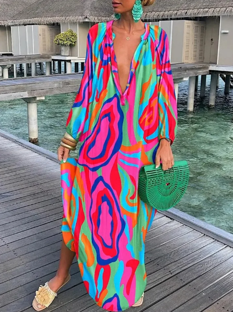 Evi - Losse Jurk Met Lange Mouw En V-Hals Temperament & Elegantie