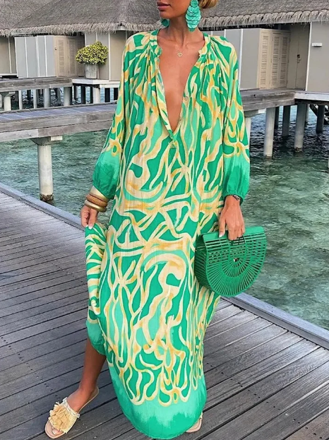 Evi - Losse Jurk Met Lange Mouw En V-Hals Temperament & Elegantie