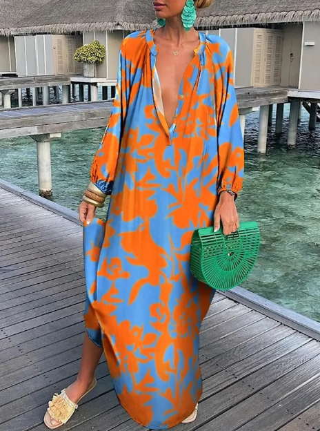 Evi - Losse Jurk Met Lange Mouw En V-Hals Temperament & Elegantie