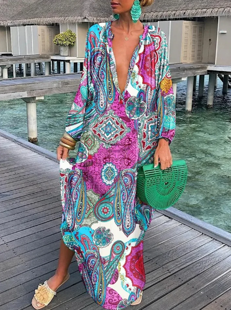 Evi - Losse Jurk Met Lange Mouw En V-Hals Temperament & Elegantie