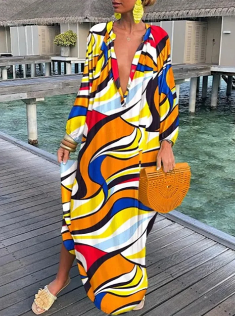 Evi - Losse Jurk Met Lange Mouw En V-Hals Temperament & Elegantie