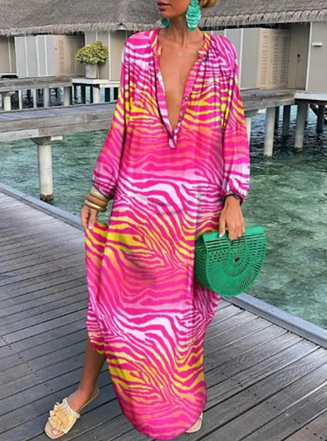 Evi - Losse Jurk Met Lange Mouw En V-Hals Temperament & Elegantie