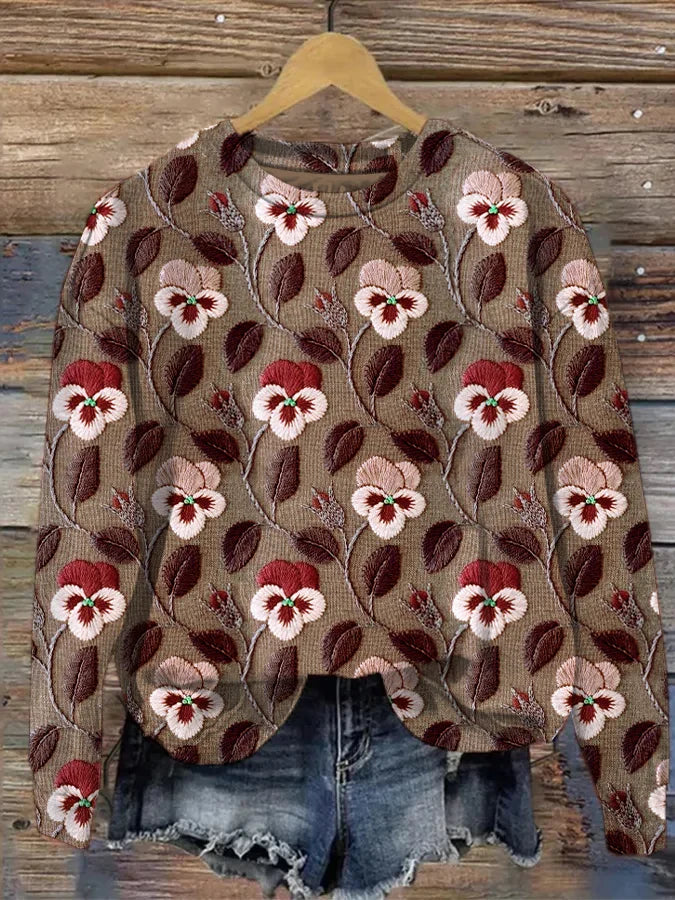 Caroline - Casual damessweatshirt met grafische bloemenbladprint en borduursel