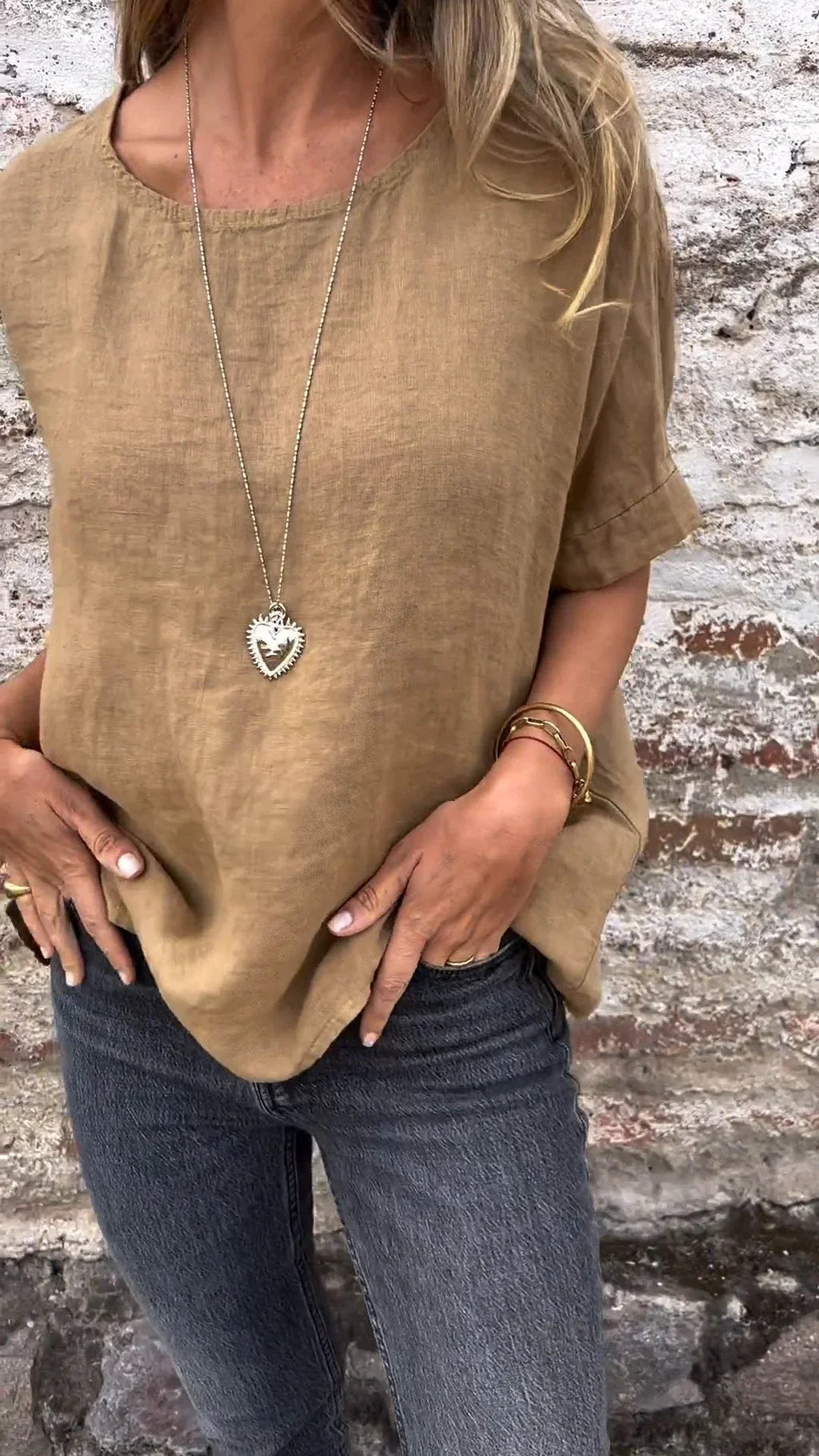 Ninthe - Katoenen Linnen Blouse Met Halve Mouwen En Ronde Hals In Effen Kleur