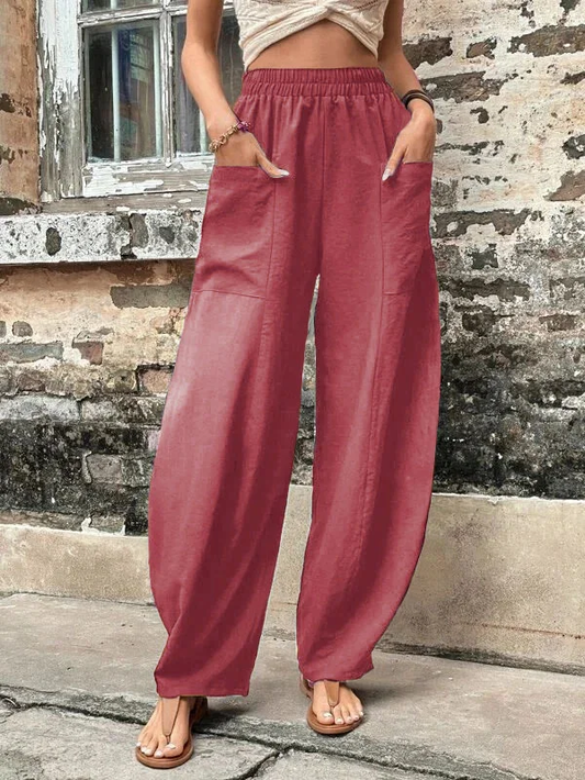 Famke - Damesbroek Oversized, Elastische Zakken, Eenkleurig, Losse Broek