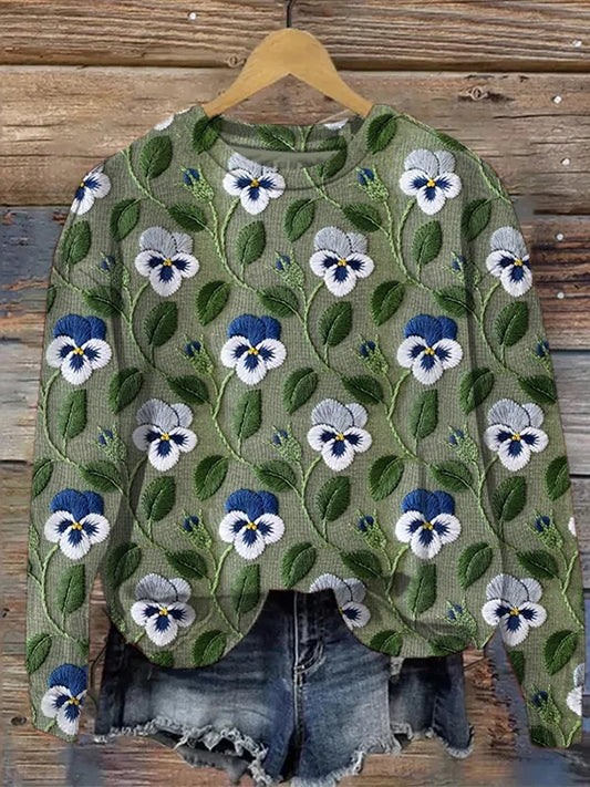 Caroline - Casual damessweatshirt met grafische bloemenbladprint en borduursel