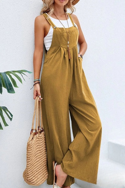 Bente - Vrouwen Vierkante Hals Effen Knopen Casual Vakantie Los Jumpsuits