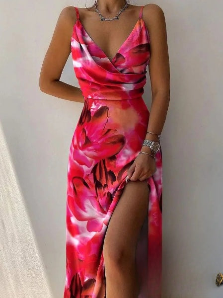 Sanne - Stijlvolle Sling V-Hals Jurk Met Print En Split