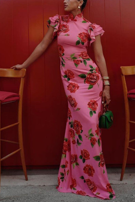 Jinte - Elegante Cheongsam Maxi Jurk Met Rozenbloemprint En Tiered Flare Mouwen