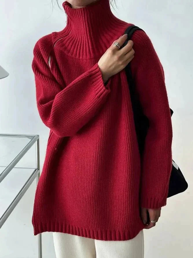 Yara - Rode Effen Sweater met Hoge Hals