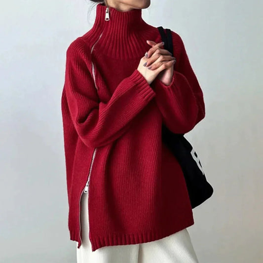 Yara - Rode Effen Sweater met Hoge Hals