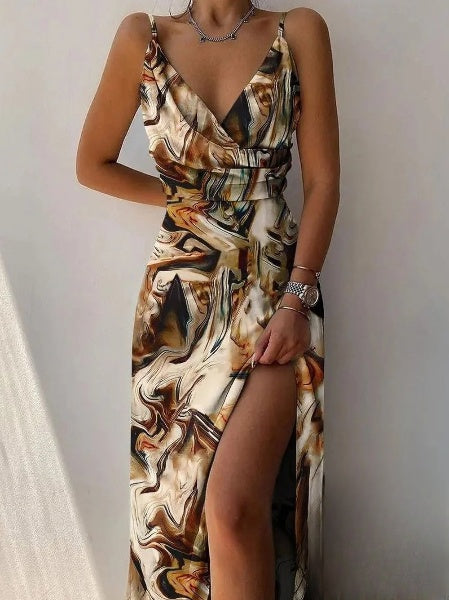 Sanne - Stijlvolle Sling V-Hals Jurk Met Print En Split