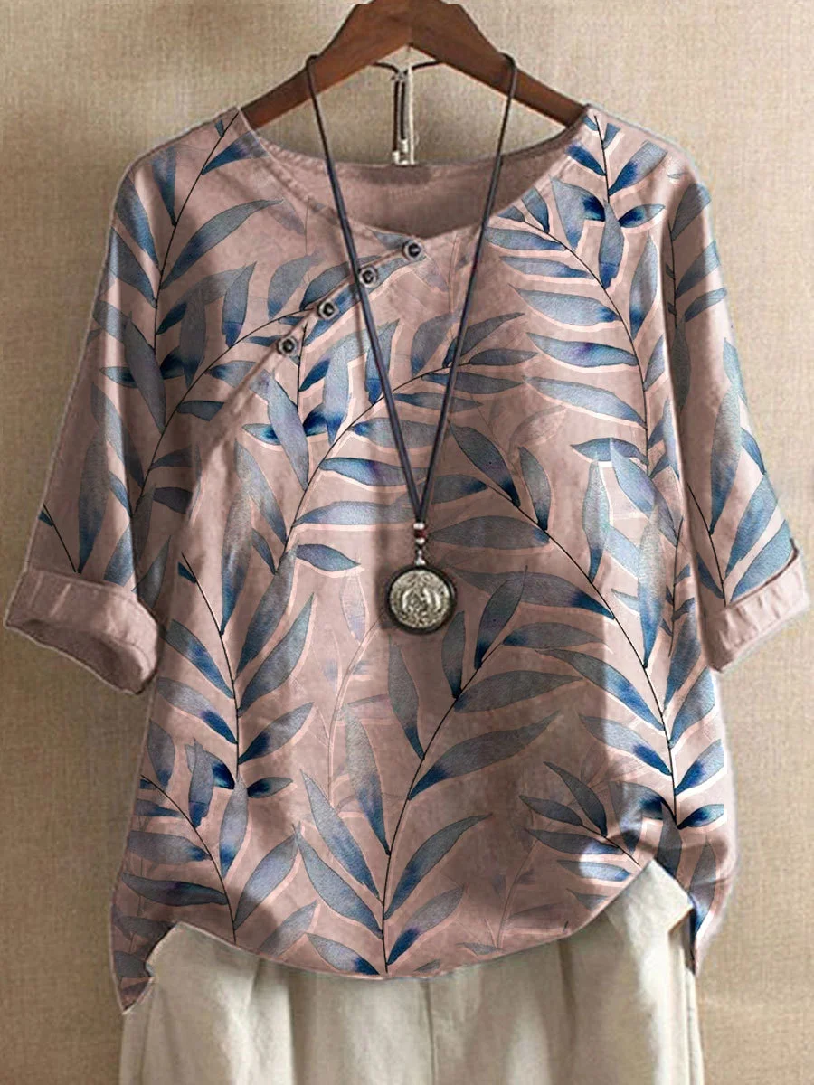 Floor - Casual, Losse T-shirts Van Katoen En Linnen Met Een Zomerse Bloemenprint En Knopen