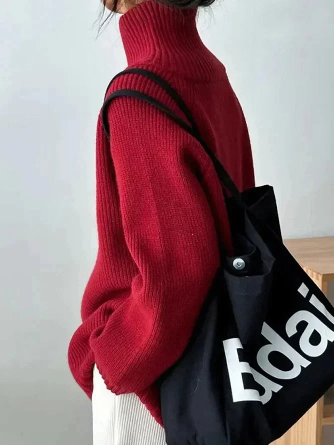 Yara - Rode Effen Sweater met Hoge Hals