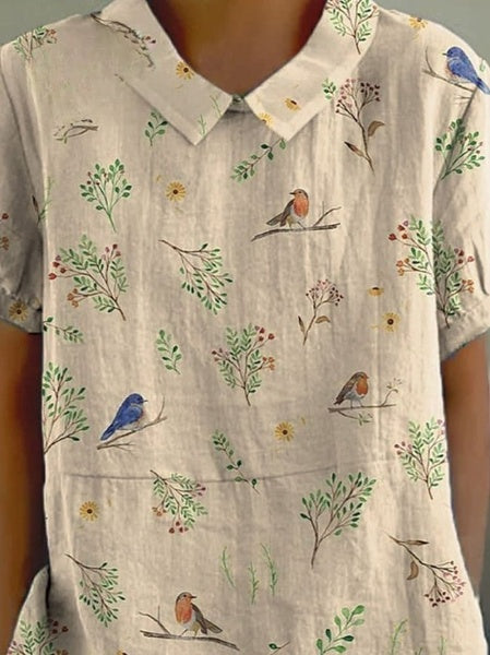 Lowa - Casual Dames Shirt Van Katoen En Linnen Met Print Van Vogels En Twijgen En Roodborstje