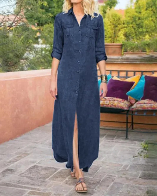 Diede - Loszittende Casual Denim Jurk Met Enkele Rij Knopen
