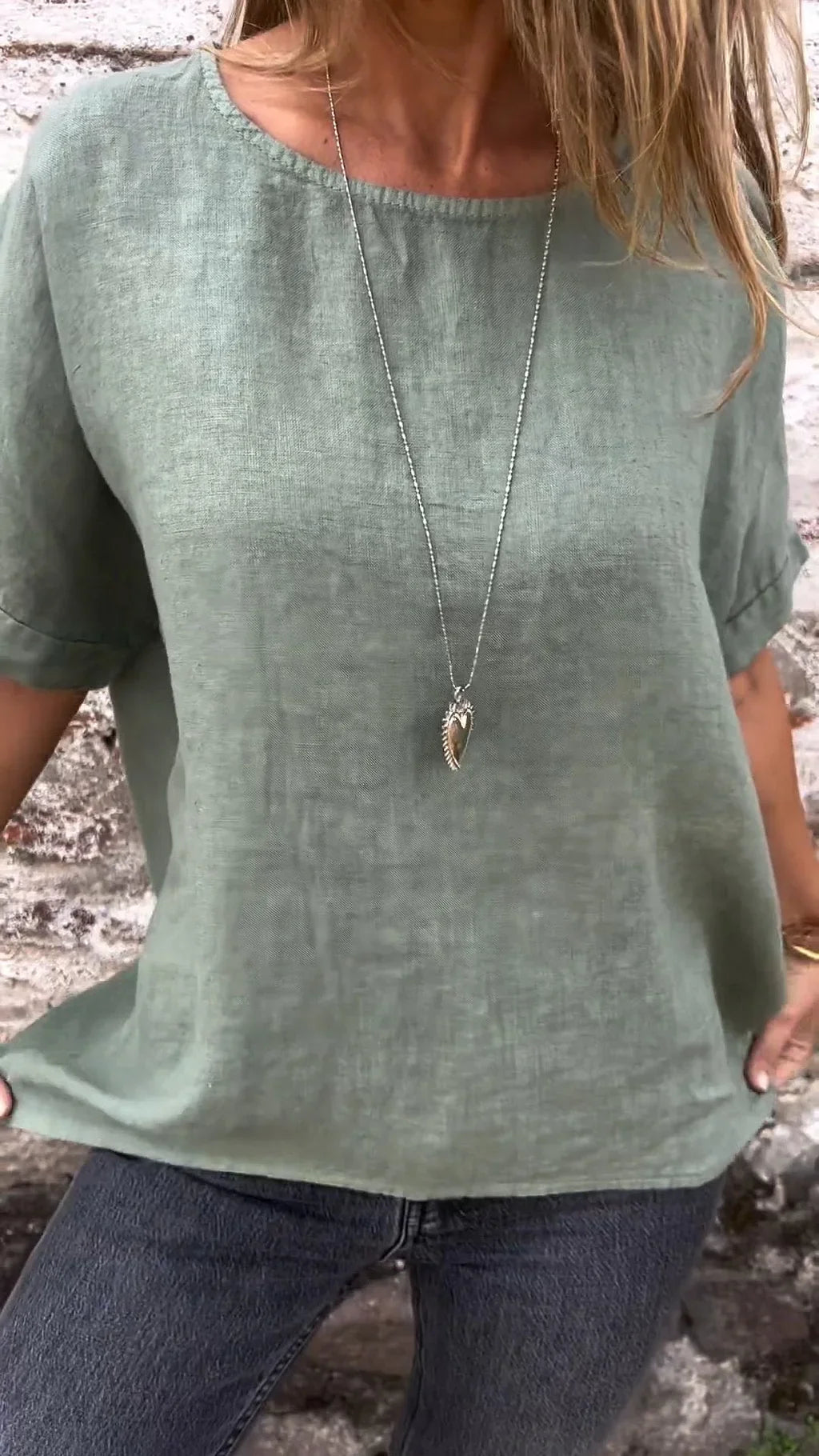 Ninthe - Katoenen Linnen Blouse Met Halve Mouwen En Ronde Hals In Effen Kleur