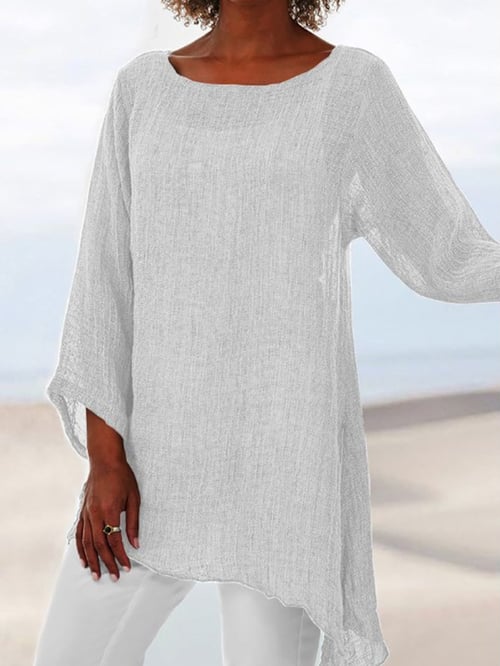 Esmee – Dames Top Met Effen Kleur, Ongelijke Zoom, Ronde Hals En Lange Mouwen