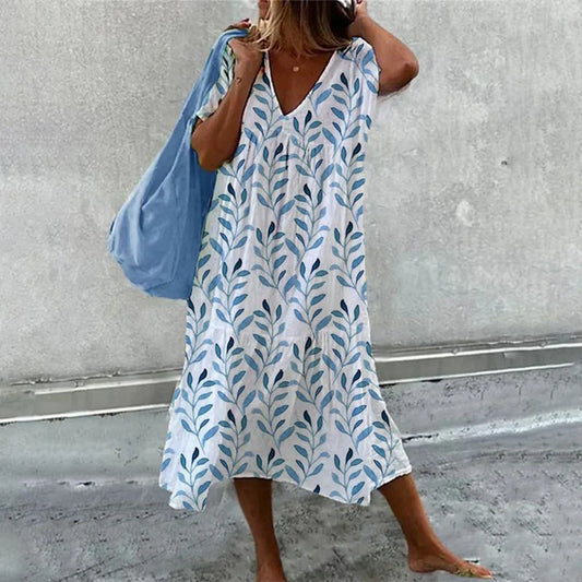 Tess - Blauwe Aquarel Midi-Jurk Met Korte Mouwen En Witte Mouwen