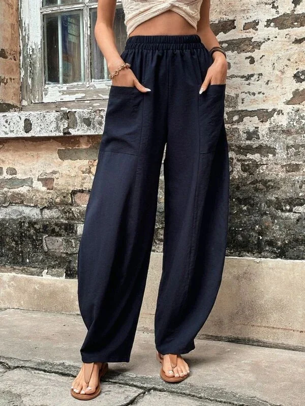 Famke - Damesbroek Oversized, Elastische Zakken, Eenkleurig, Losse Broek