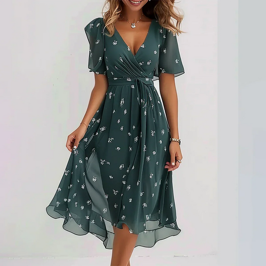 Diede - Chique Groene Midi-Jurk Met Korte Mouwen