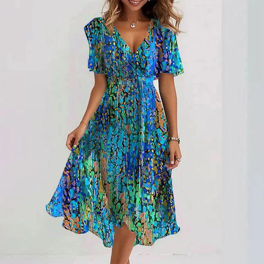 Benthe - Speciale Blauwe Midi-Jurk Met Korte Mouwen