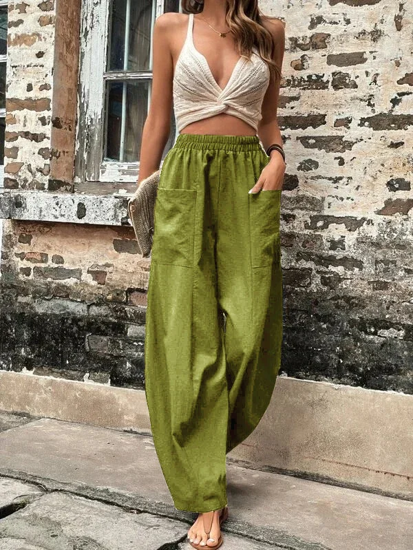 Famke - Damesbroek Oversized, Elastische Zakken, Eenkleurig, Losse Broek