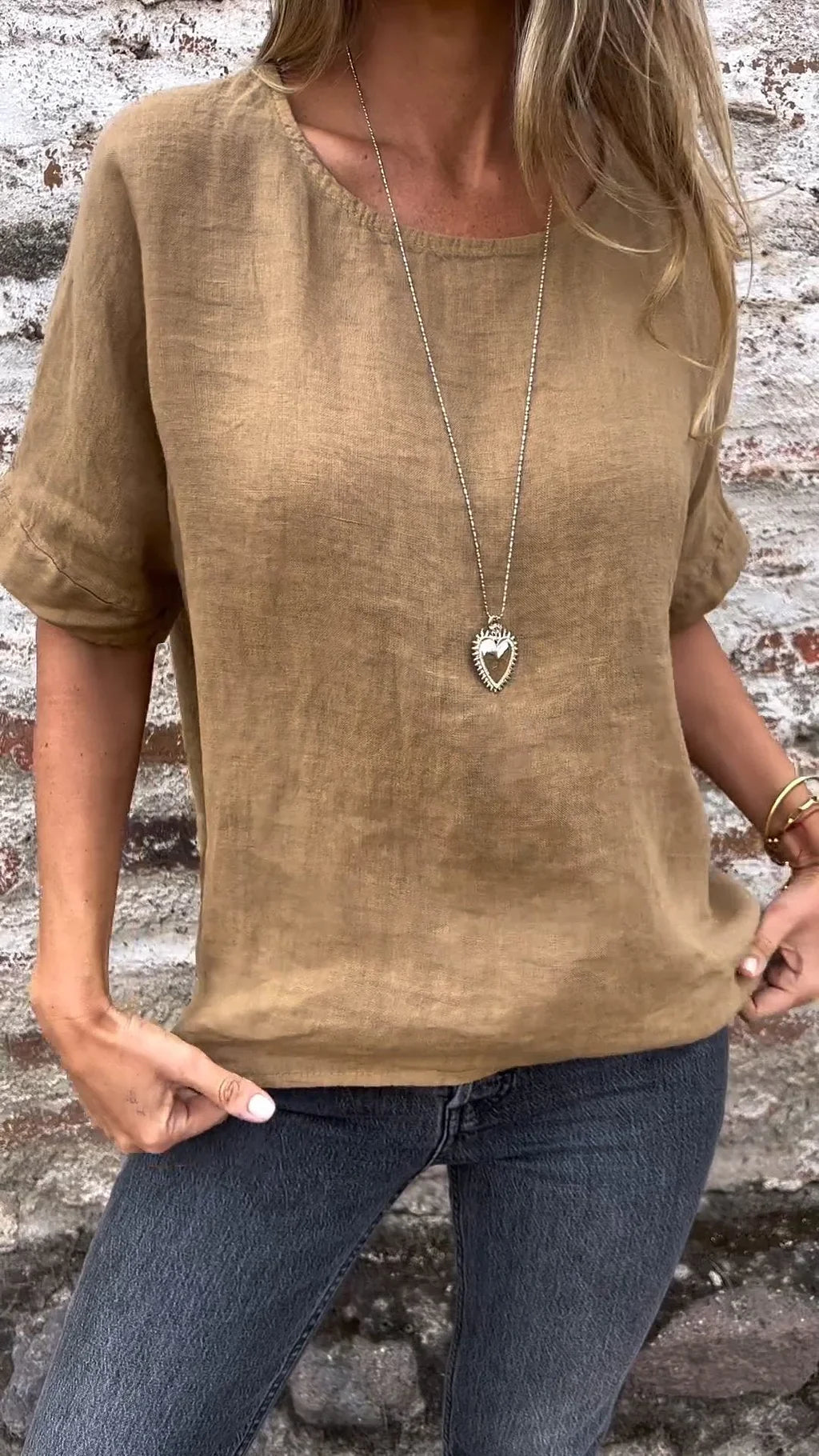 Ninthe - Katoenen Linnen Blouse Met Halve Mouwen En Ronde Hals In Effen Kleur