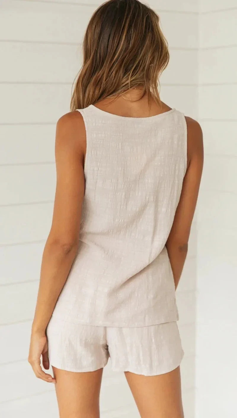 Sanne - Beige Geknoopte Top En Shorts Bijpassende Sets