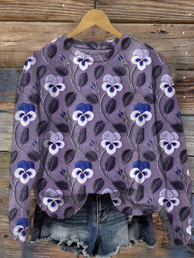 Caroline - Casual damessweatshirt met grafische bloemenbladprint en borduursel