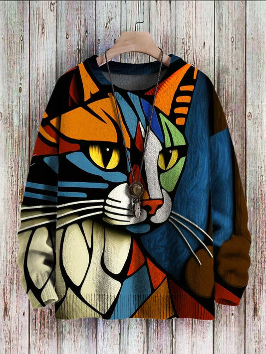 Inez - Casual Gebreide Trui Met Veelkleurige Abstracte Kattenprint