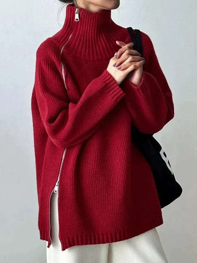 Yara - Rode Effen Sweater met Hoge Hals