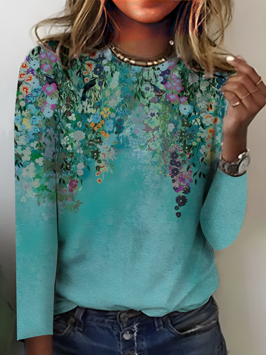 Quinara - Gebloemd Kunstprint T-Shirt Met Lange Mouwen