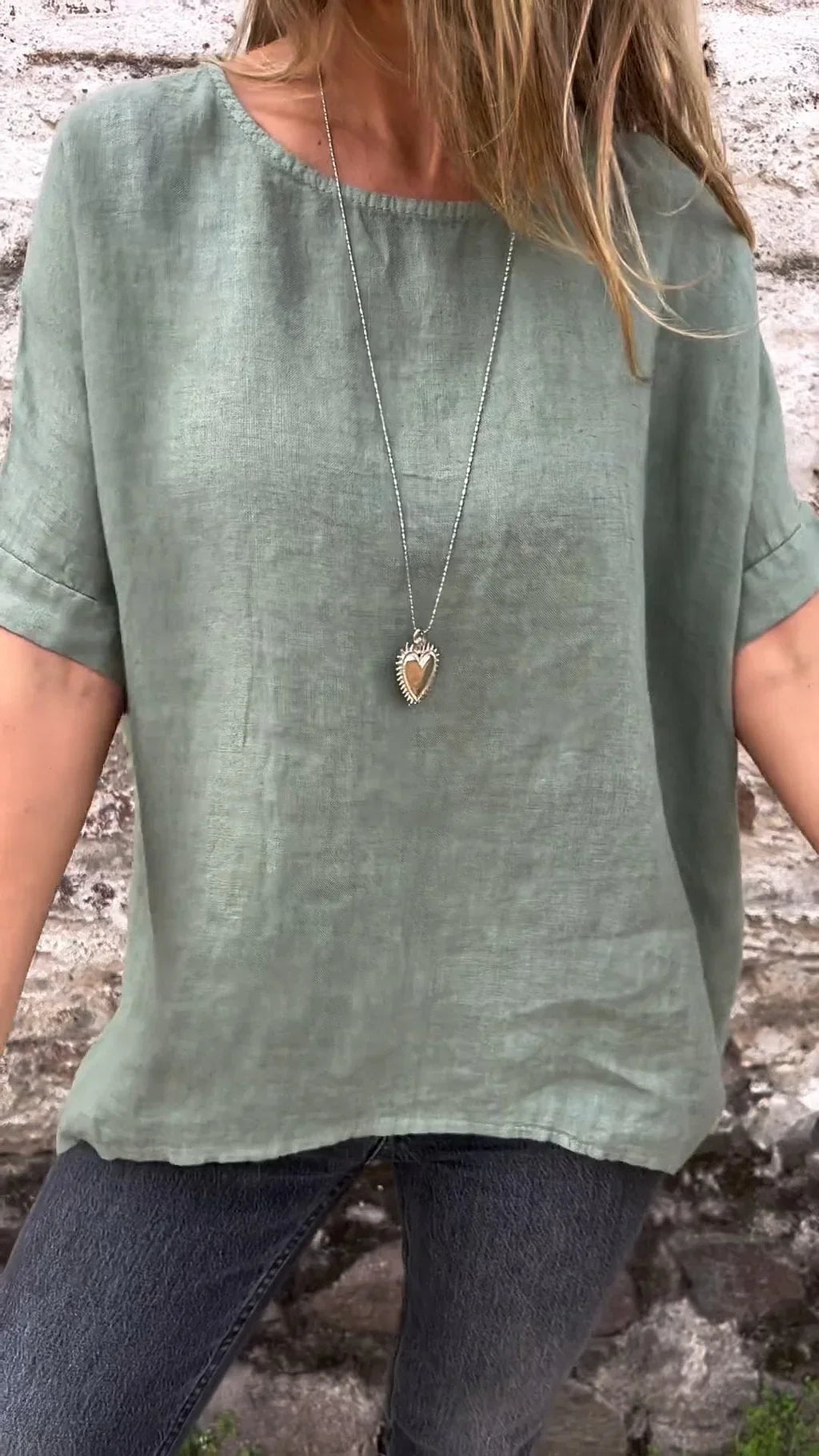 Ninthe - Katoenen Linnen Blouse Met Halve Mouwen En Ronde Hals In Effen Kleur